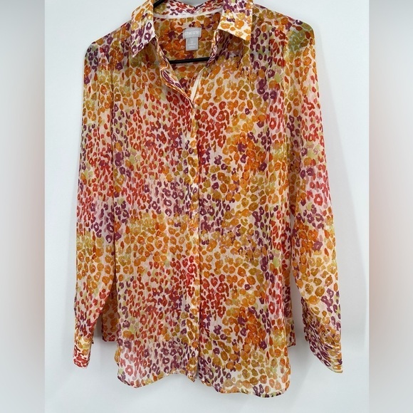 Chico’s Crinkle Chiffon Shirt Animal Print Sheer Sunburst Size 0 NWT $89.50 - Picture 1 of 5